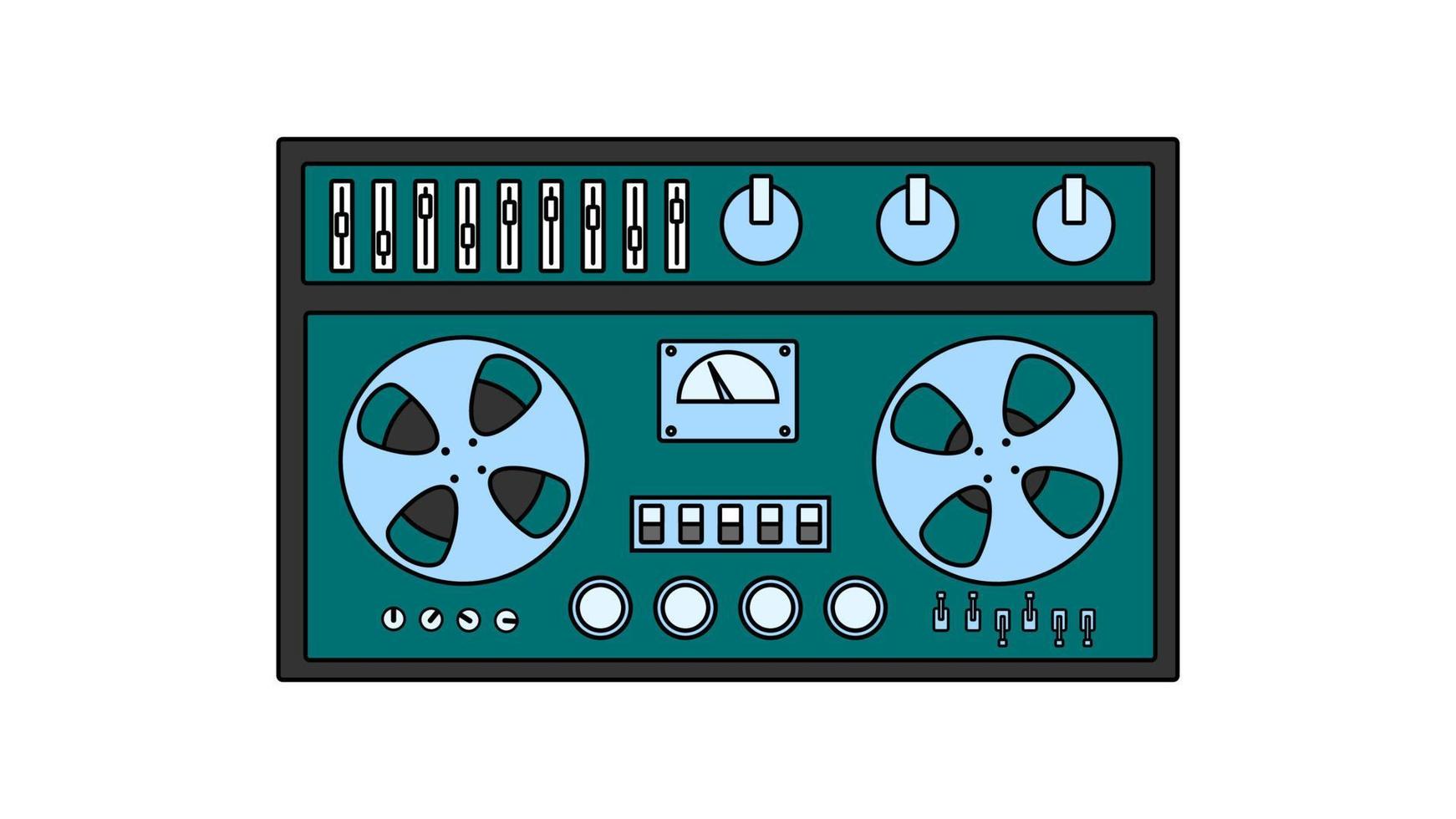 Old retro vintage music cassette tape recorder with magnetic tape on reels and speakers from the 70s, 80s, 90s. Beautiful icon. Vector illustration