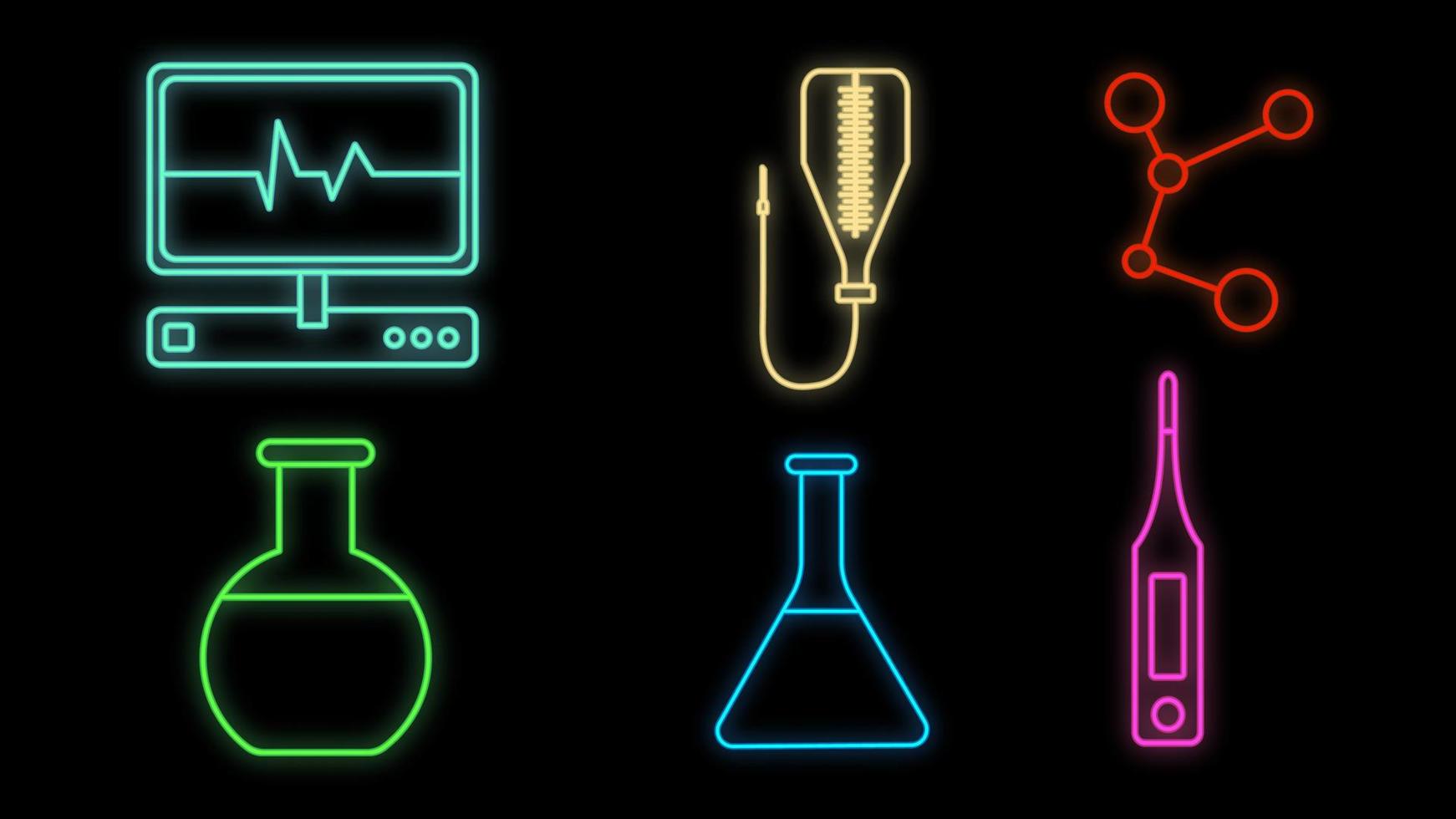 conjunto de luminosos letreros de neón médicos multicolores para una farmacia o un laboratorio científico del hospital hermosos y brillantes con objetos de iconos de medicina sobre un fondo negro. ilustración vectorial vector