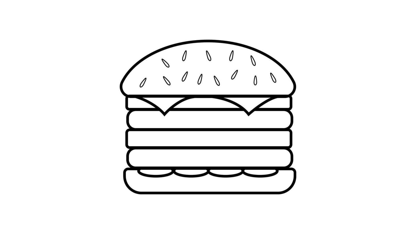 hamburguesa sobre un fondo blanco, ilustración vectorial. hamburguesa doble en blanco y negro. dibujo de contorno negro en negrita. doble relleno en una hamburguesa. Sándwich sin carne para vegetarianos vector