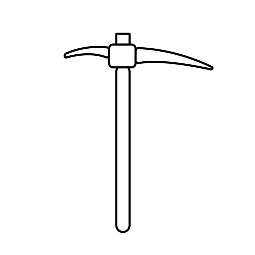 Construction, miner's black and white icon of a metal pickaxe with a wooden handle for digging earth, ore, gold mining, and minerals for repair. Construction metalwork tool. Vector illustration