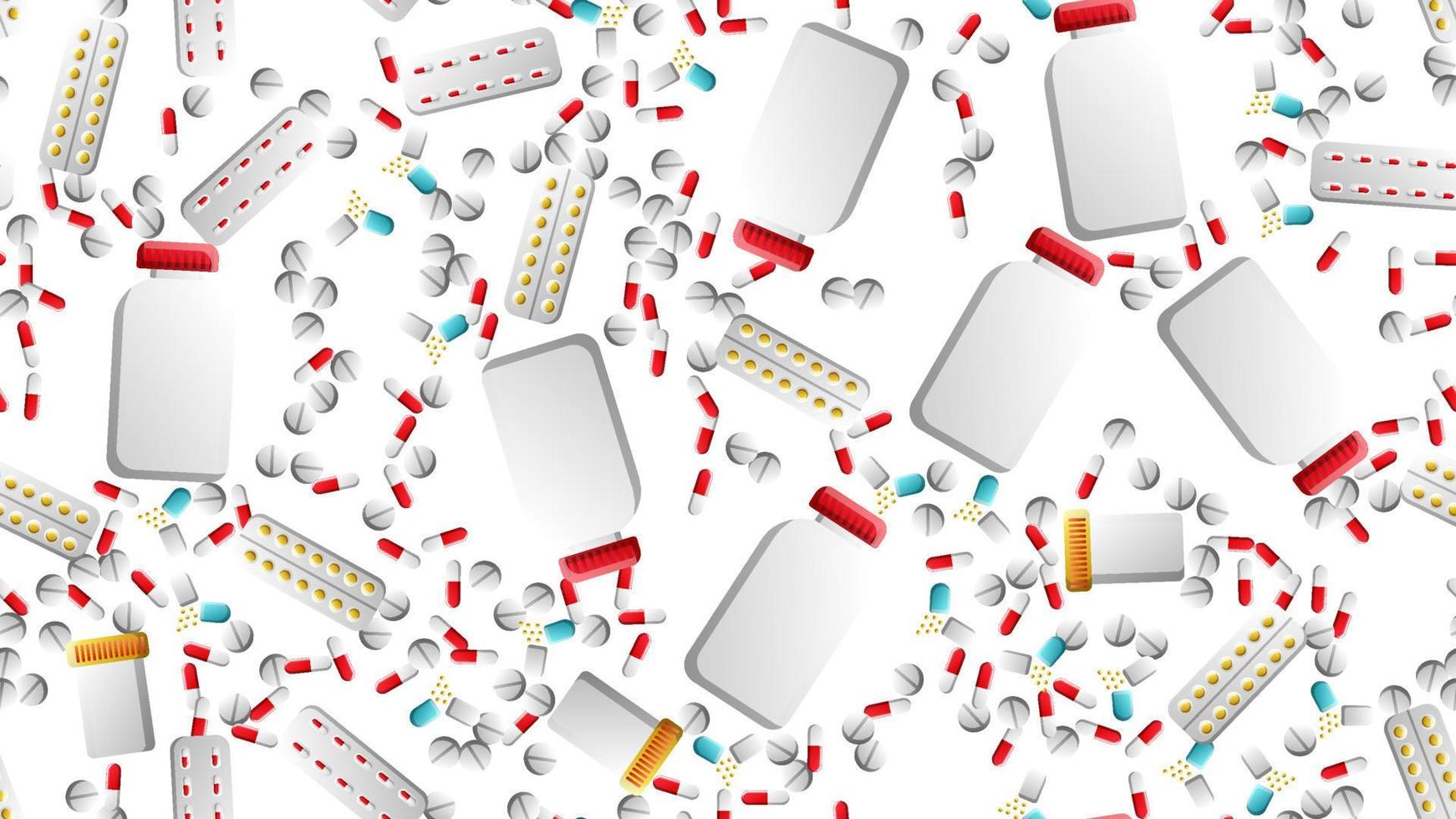 Endless seamless pattern of medical scientific medical objects icons jars with pills capsules on a white background. Vector illustration