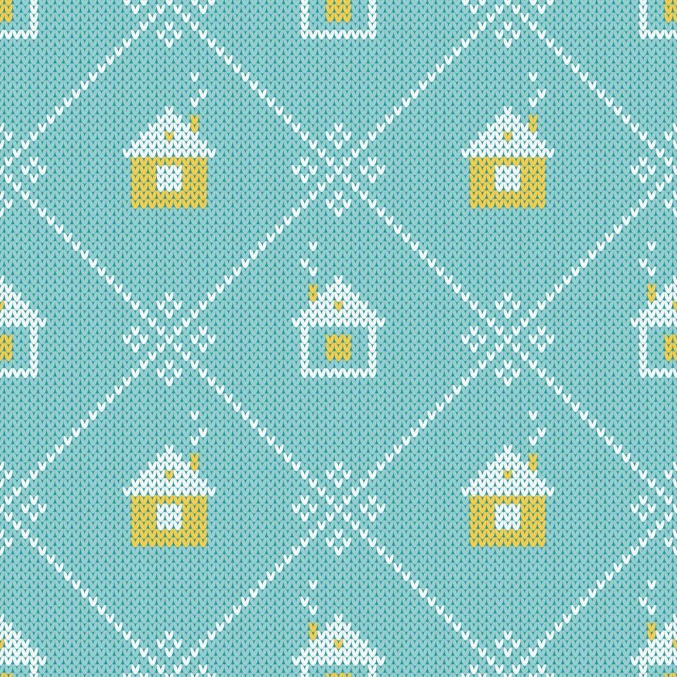 Christmas sweater pattern with rhombuses and winter houses. vector