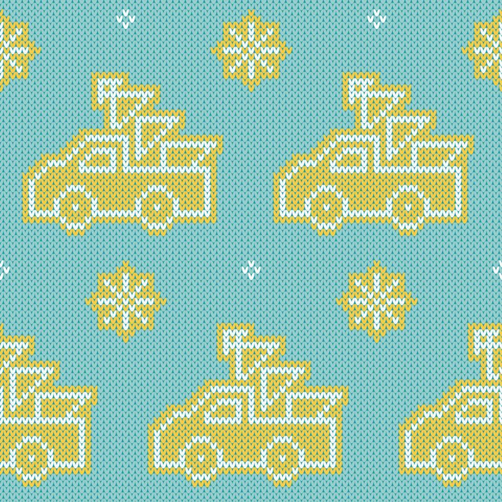 Christmas sweater with gingerbread Christmas trucks carrying christmas trees knitted seamless pattern. vector