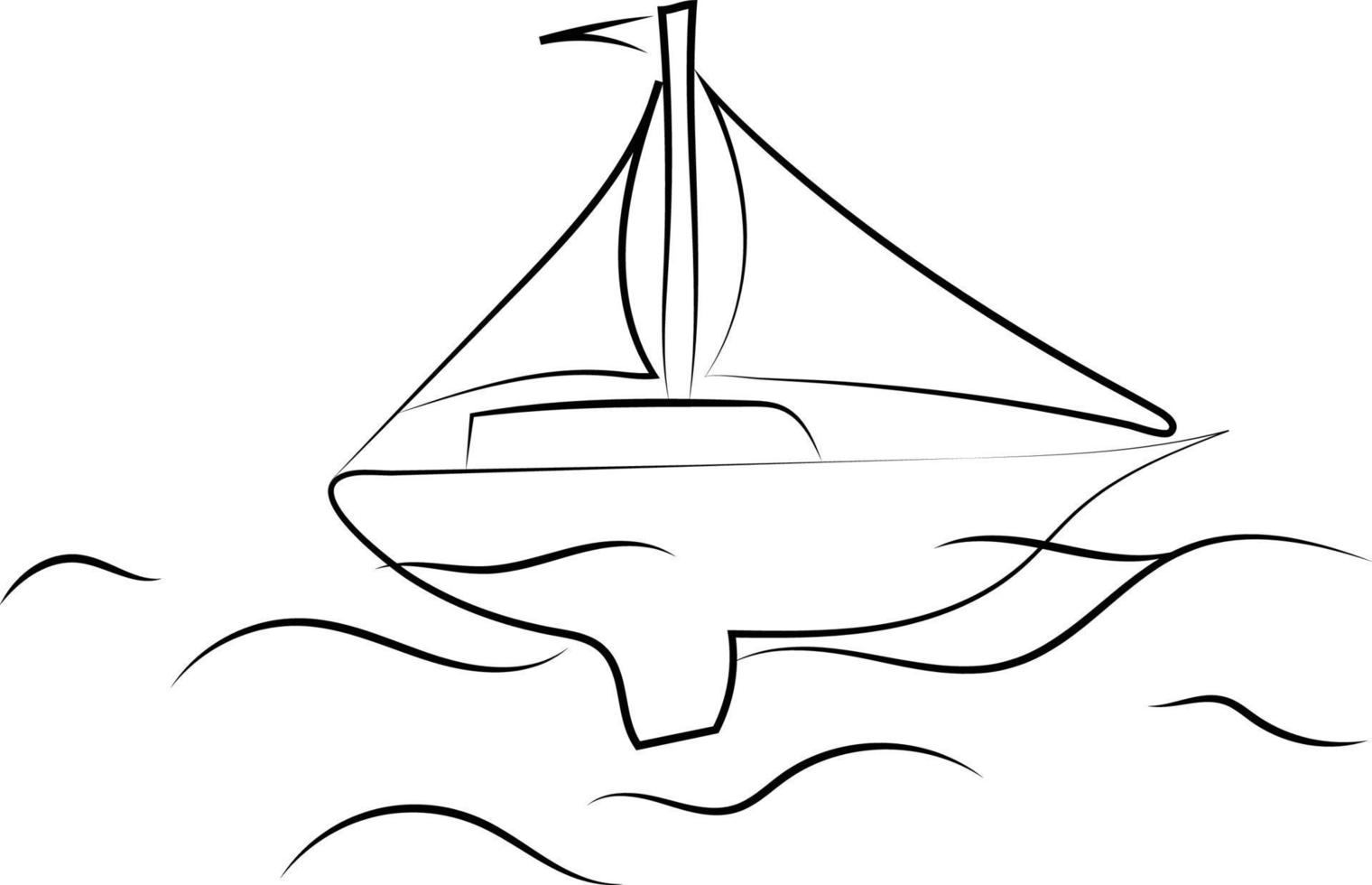 Boat on sea drawing, illustration, vector on white background.