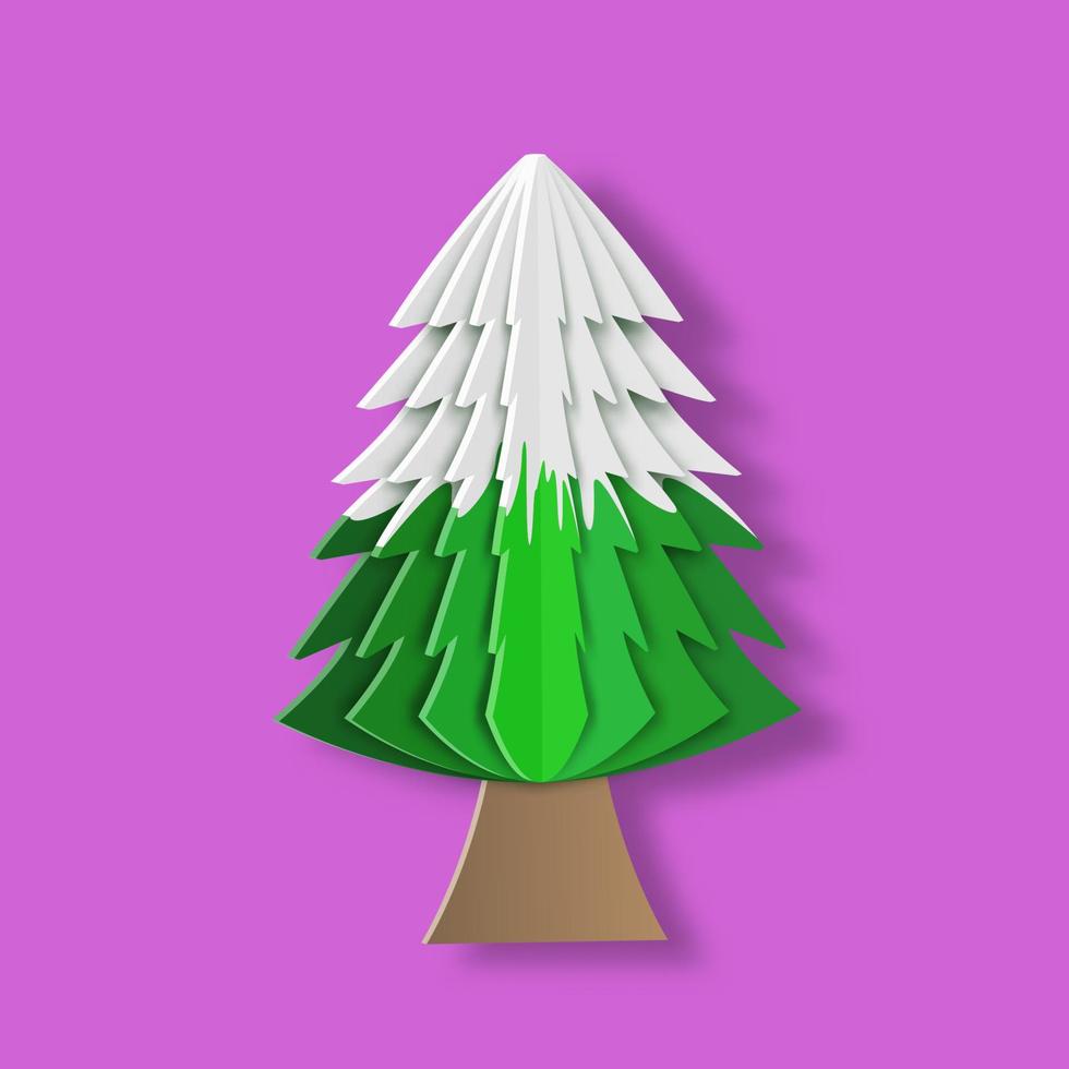 decoración del árbol de navidad con pila de nieve. vector de ilustración 3d, diseño de estilo de corte de papel