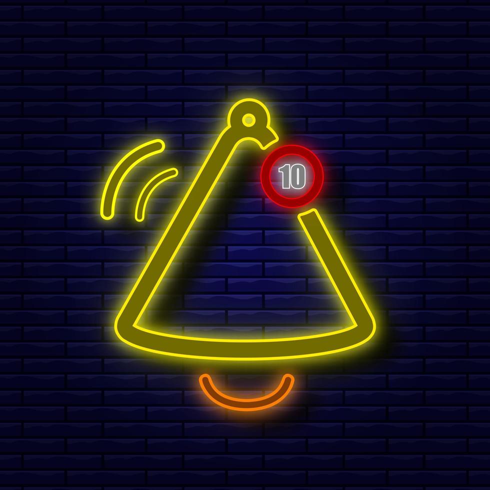 icono de campana de línea de neón brillante aislado en el fondo de la pared de ladrillo. icono de notificación colorido concepto de línea brillante. vector