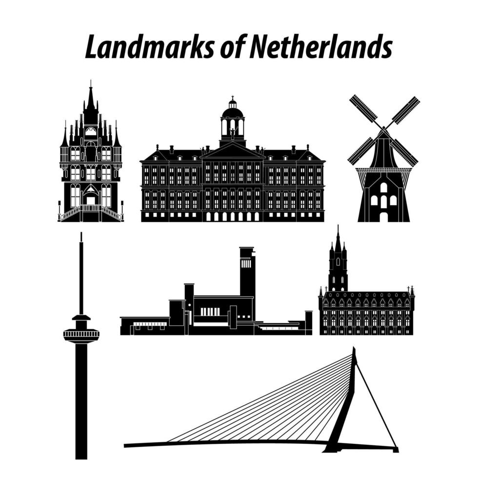 set of Netherlands famous landmarks by silhouette style vector