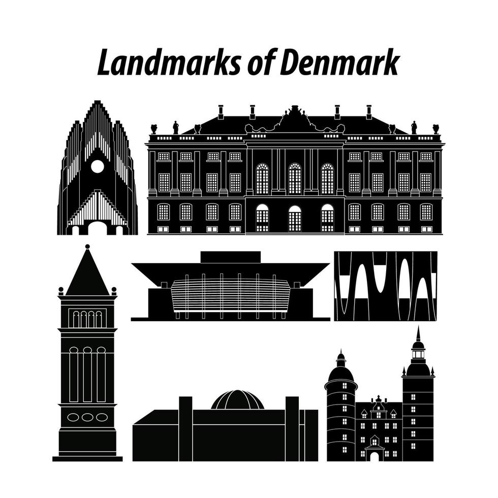 set of Denmark famous landmarks by silhouette style vector