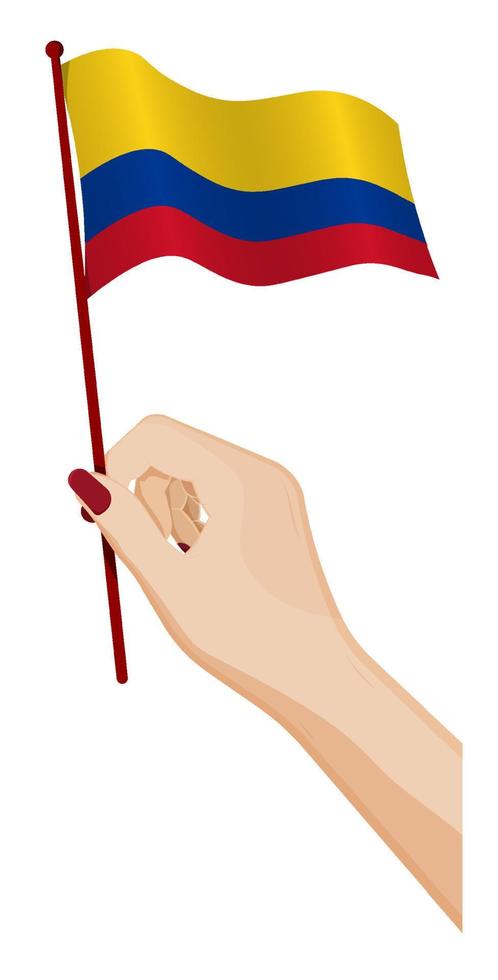 la mano femenina sostiene suavemente la pequeña bandera de colombia. elemento de diseño de vacaciones. vector de dibujos animados sobre fondo blanco