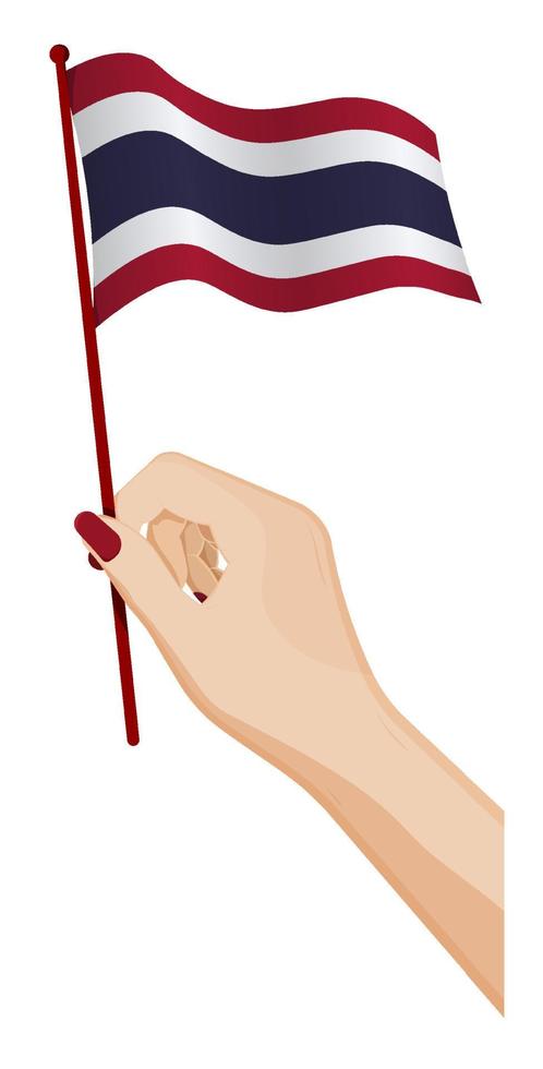 Female hand gently holds small flag of Kingdom of Thailand. Holiday design element. Cartoon vector on white background