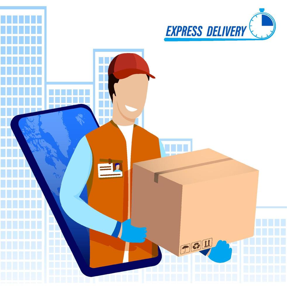 fast delivery of goods all over the world. Delivery service worker with cardboard box in his hands on background of big city. Concept delivery of parcels and mail. Vector
