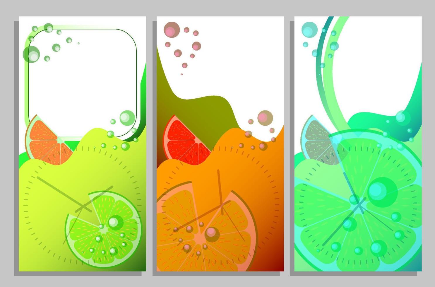 Design template vertical sale flyer. Set of templates for greeting cards, banners, brochures. Juicy orange with pulp and bubbles of carbonated drink. Vector
