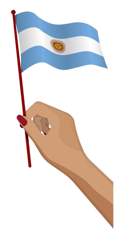 Female hand gently holds small Argentina flag. Holiday design element. Cartoon vector on white background