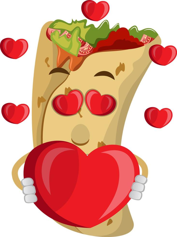 burrito enamorado, ilustración, vector sobre fondo blanco.