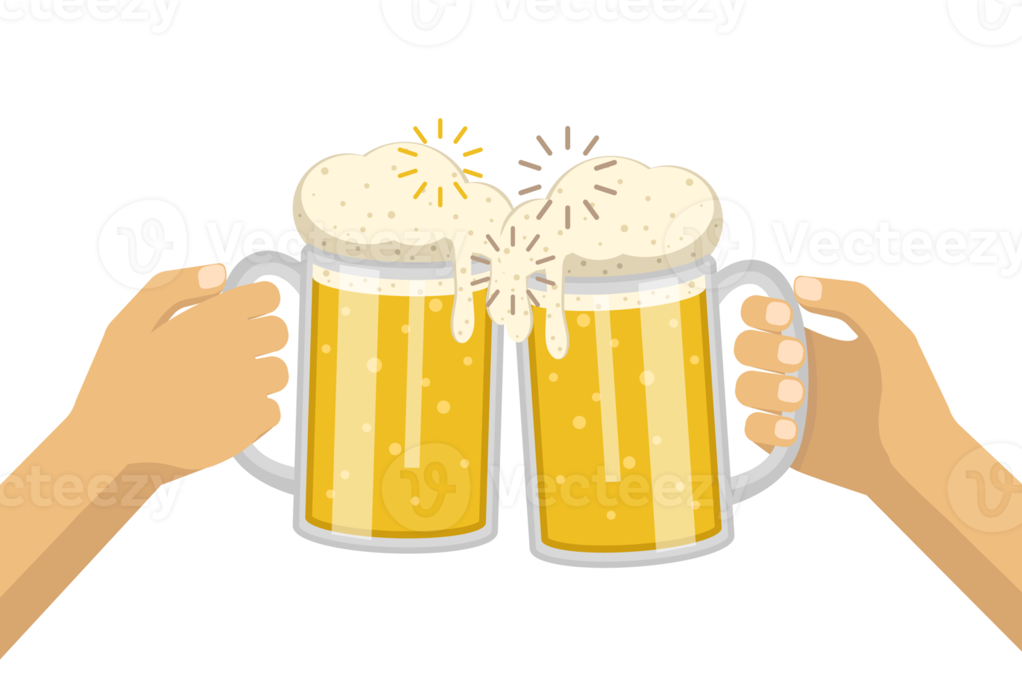 manos de dos personas tintineando vasos de cerveza en diseño plano png