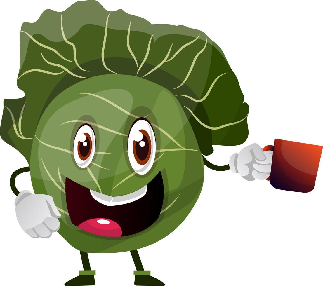 Cabbage is holding a mug, illustration, vector on white background.