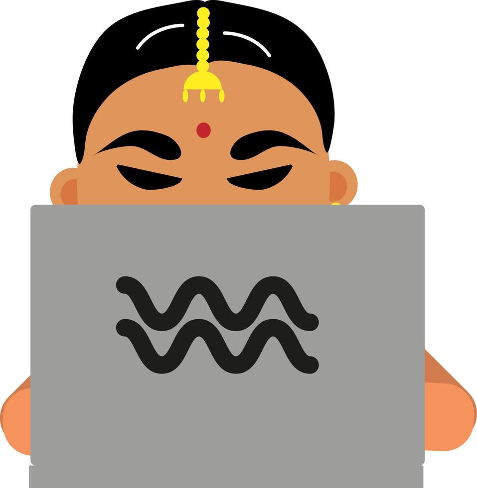Indian woman with grey laptop, illustration, vector on a white background.
