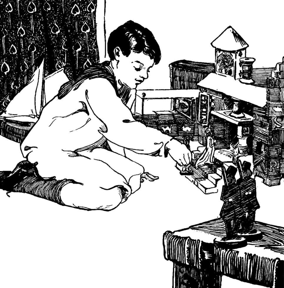 niño jugando, ilustración vintage. vector