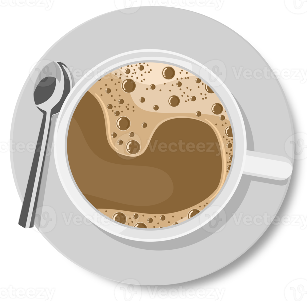 Top view of white coffee cup with plate and spoon png