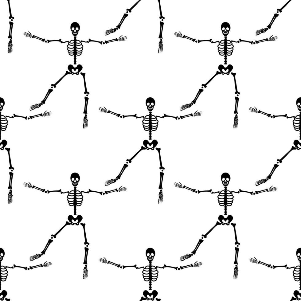 Black skeletons in various poses pattern. Halloween design. Perfect for fall, holidays, fabric, textile. Seamless repeat swatch. vector