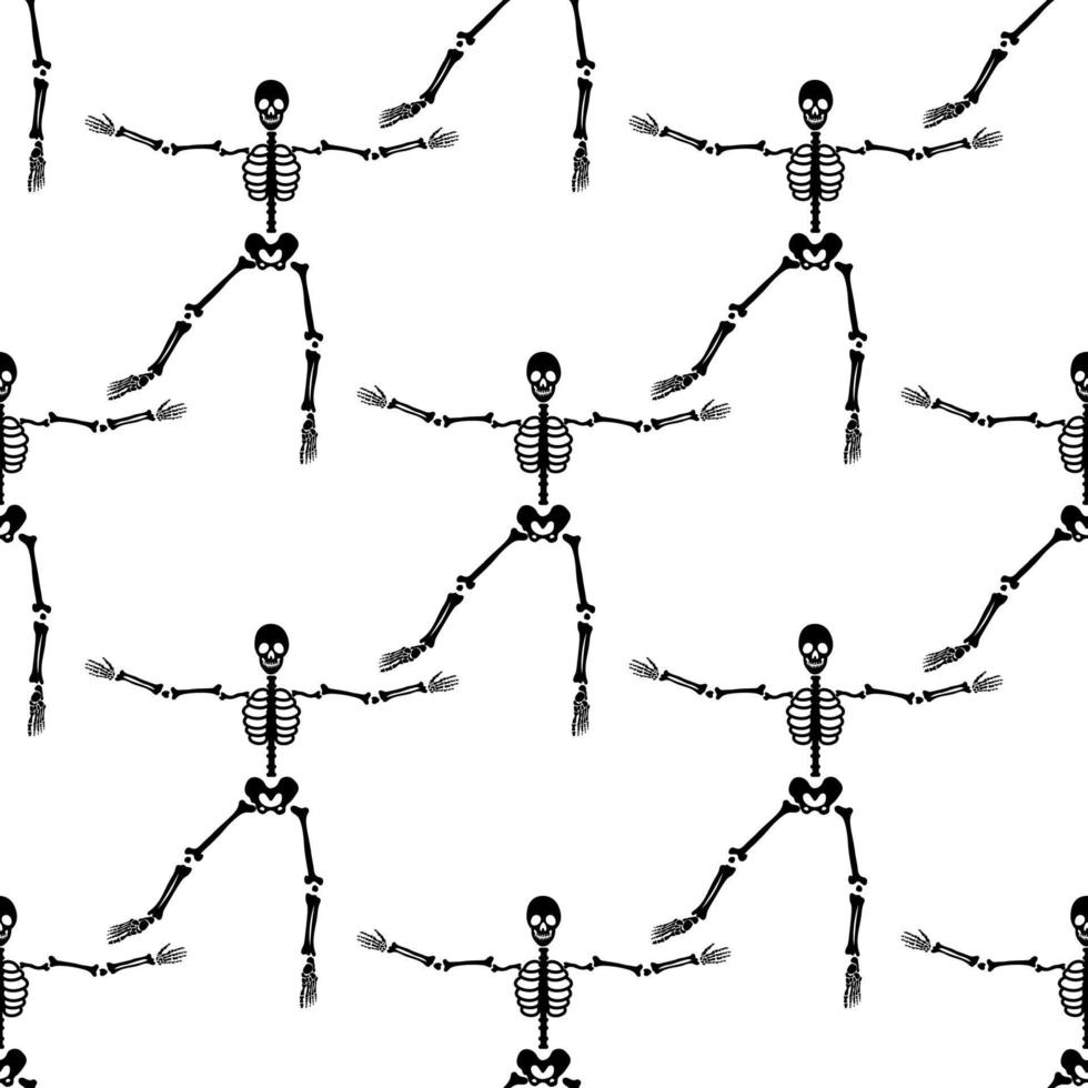 Black skeletons in various poses pattern. Halloween design. Perfect for fall, holidays, fabric, textile. Seamless repeat swatch. vector