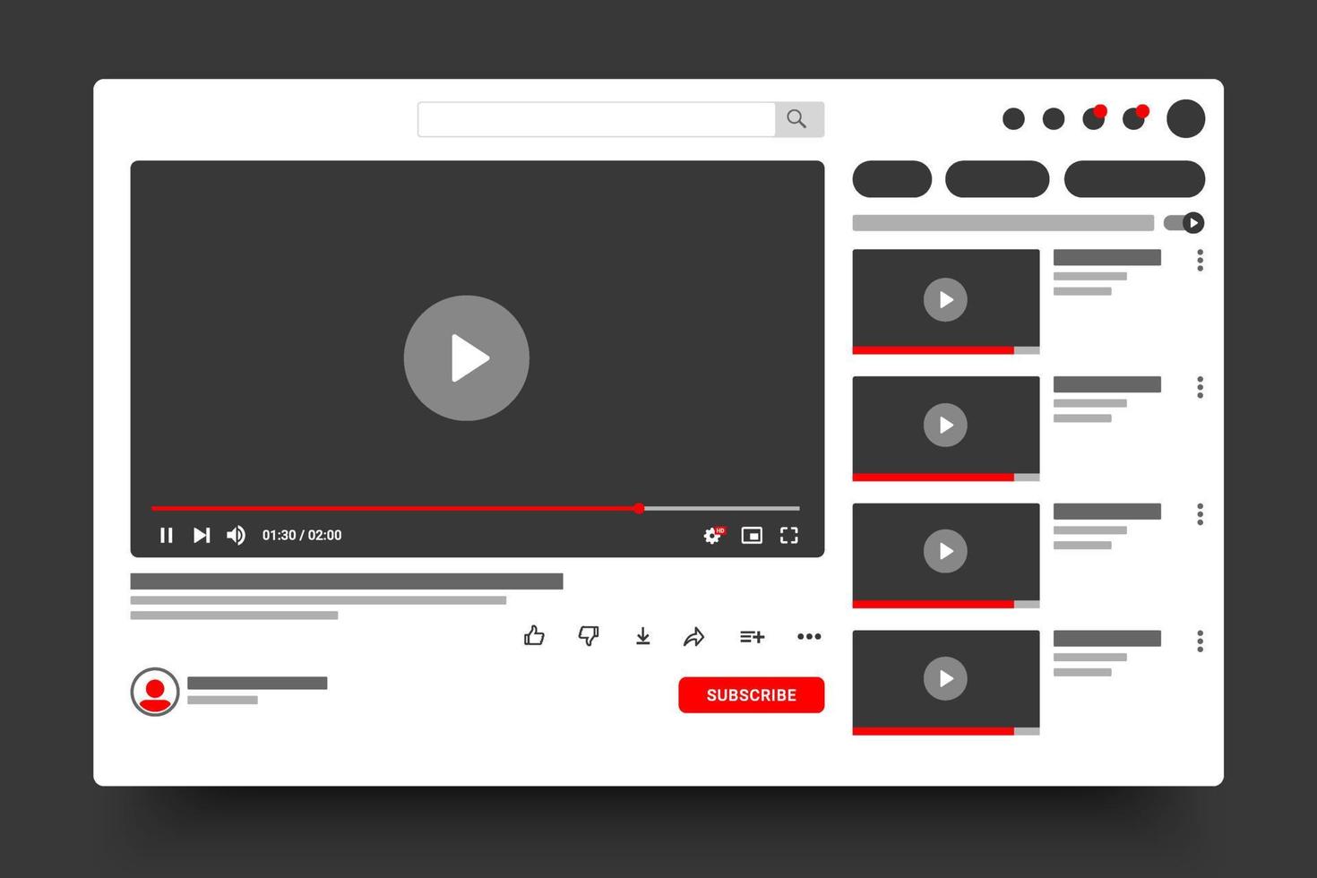 Flat social media screen template mobile video player. Mockup phone video player, app, ui. Blog