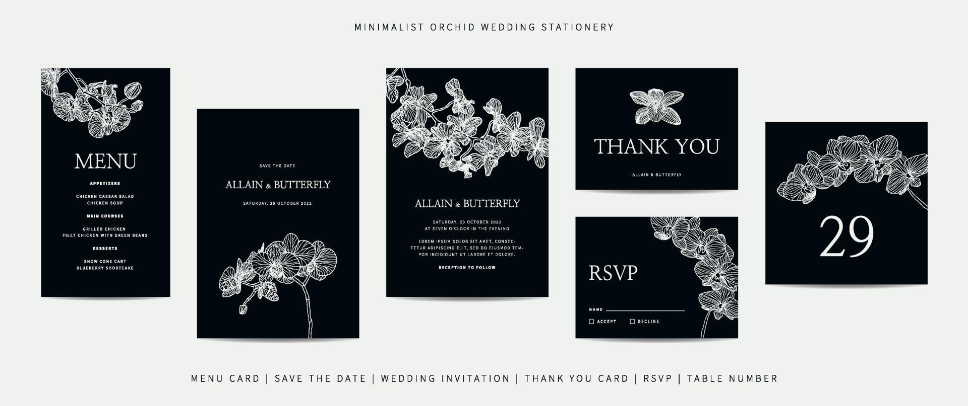 colección de plantilla de papelería de boda con flor de orquídea minimalista dibujada a mano vector