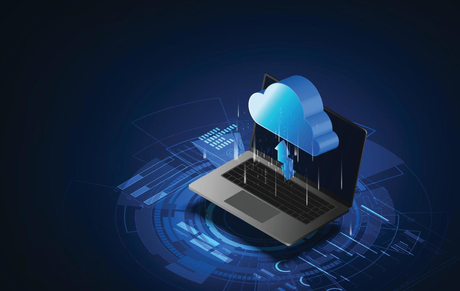 almacenamiento en la nube con computadora portátil en isométrica. centro de datos con intercambio de datos para alojamiento o servicio en la nube. aplicación o red con tecnologías informáticas. saas, redes, softs, programas. pancarta vectorial vector