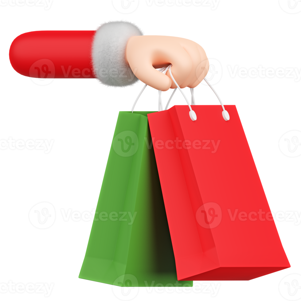 mão de papai noel segurando ilustração 3d de sacola de compras png