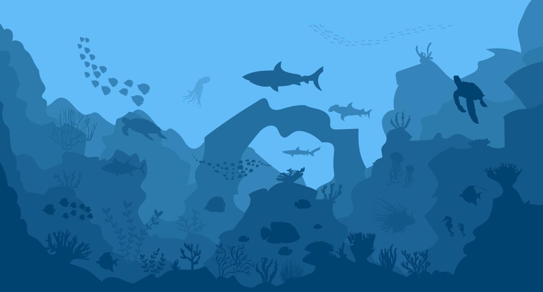 Prsilhouette of coral reef with fish on blue sea background underwater vector illustration