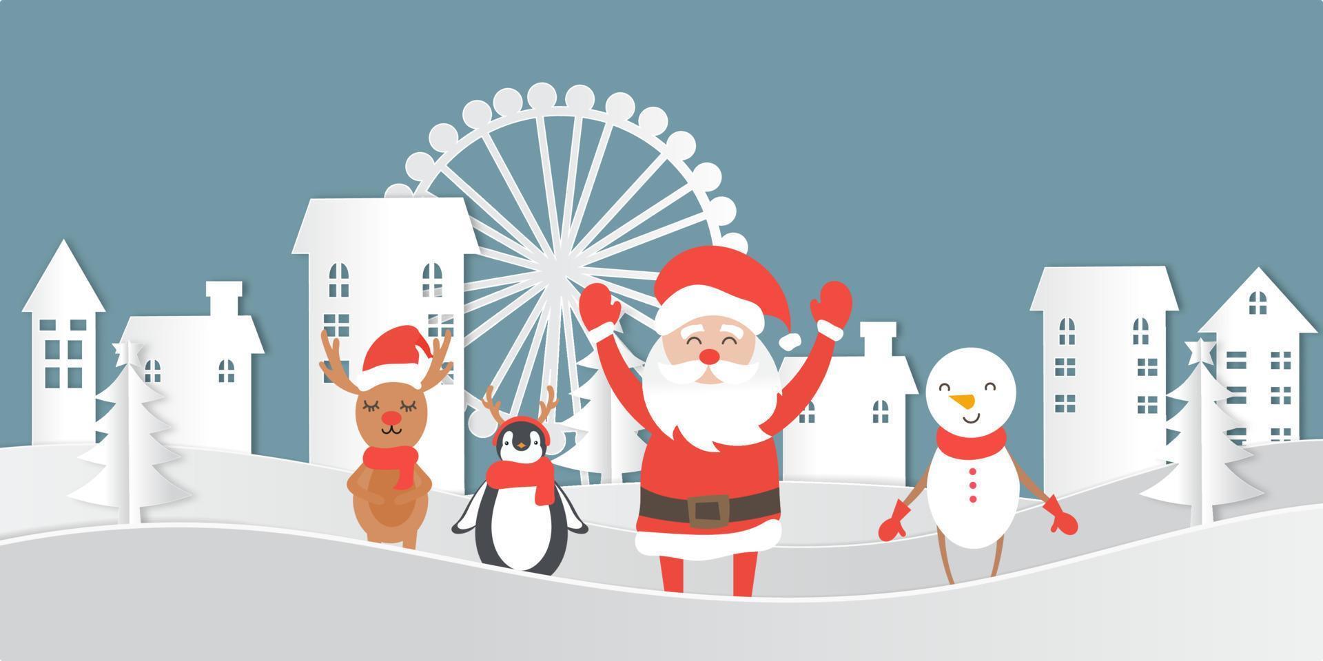 feliz navidad con lindo santa claus, pingüino, ciervo y muñeco de nieve. arte de papel y estilo artesanal vector