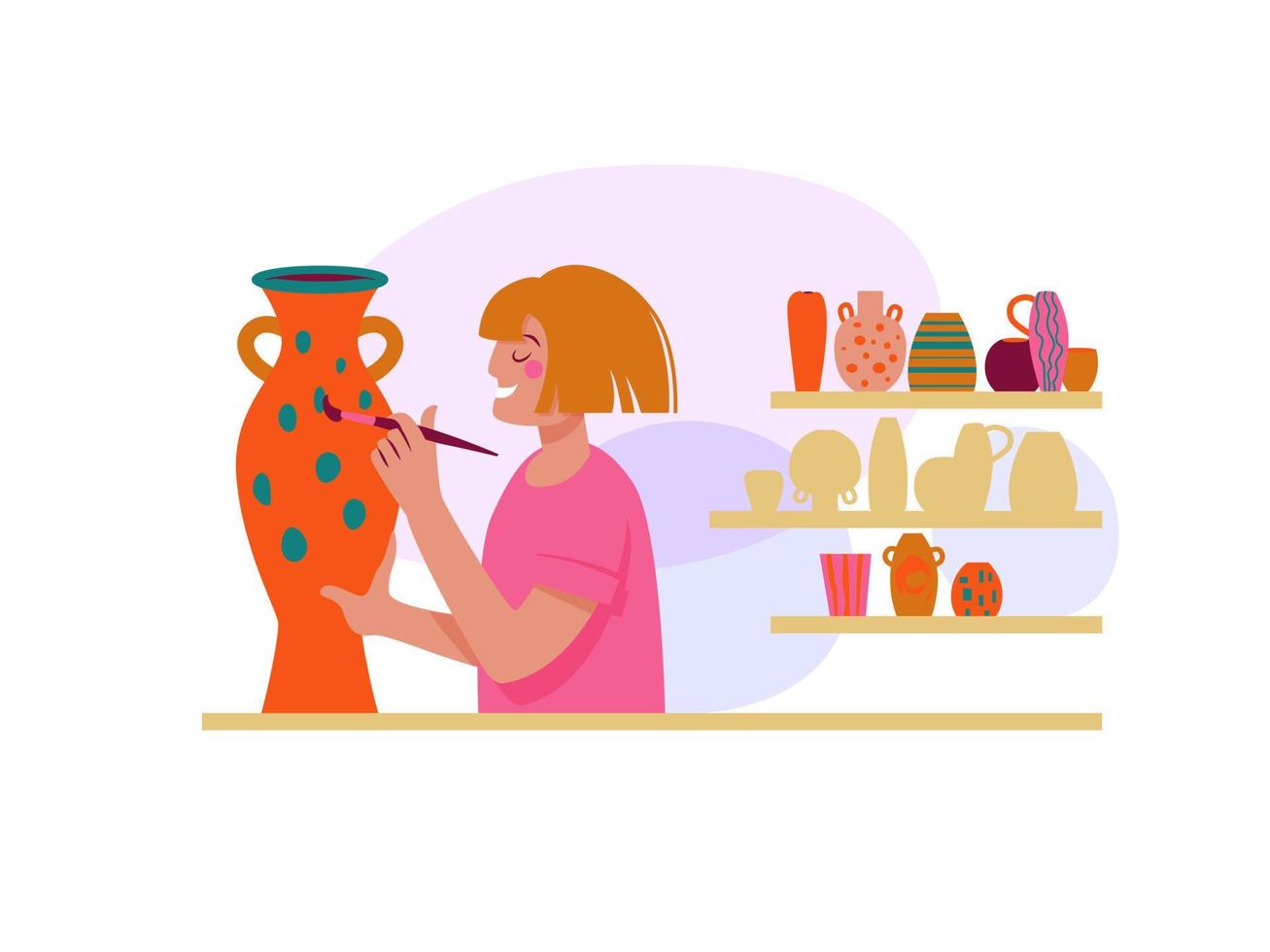 Ceramics studio interior with ceramics and a woman painting a vase. vector