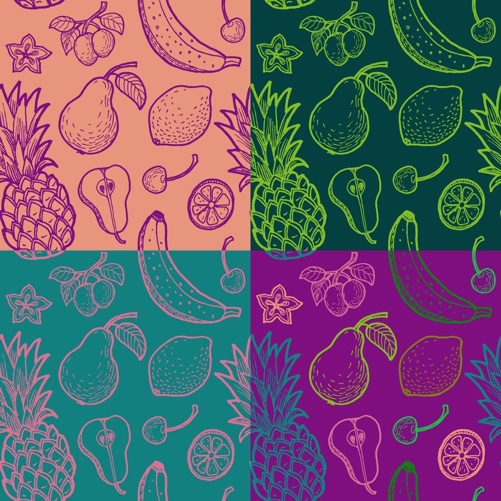 set of seamless patterns with various fruits such as pineapple, banana, pear, apricot, cherry, lemon. vector