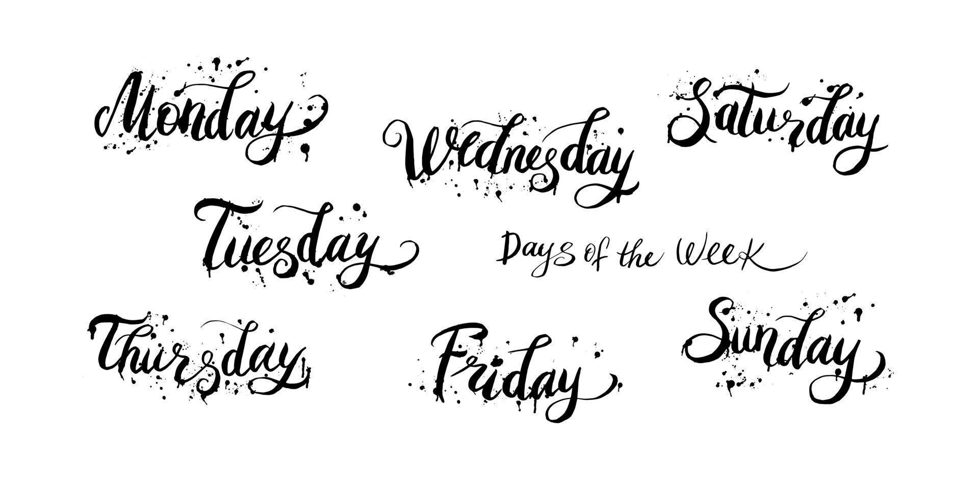 Days of the week handwritten names with splash ink drops. vector