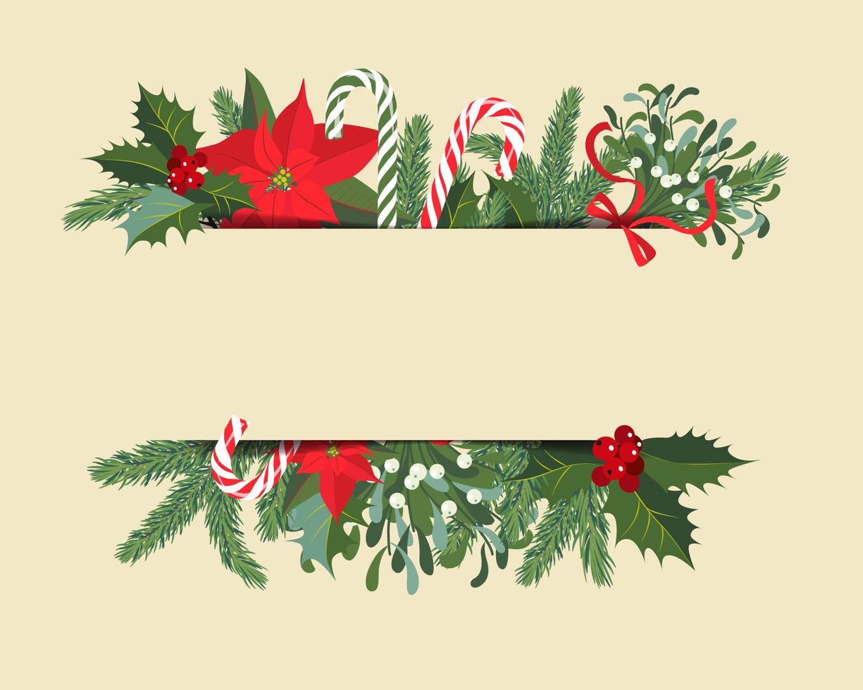 ilustración vectorial de una corona navideña con ramas de abeto, muérdago, acebo, dulces y lugar para el texto vector