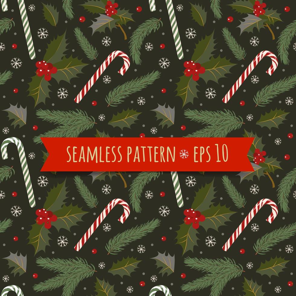 Vector illustration seamless patterns with holly, candies and spruce branches and snowflakes.