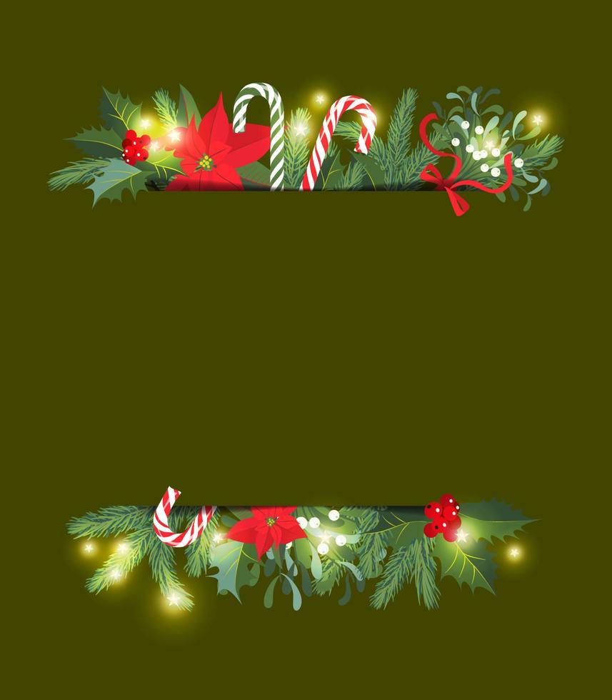 Vector illustration Christmas frame with fir branches, mistletoe, holly, candies and place for text.