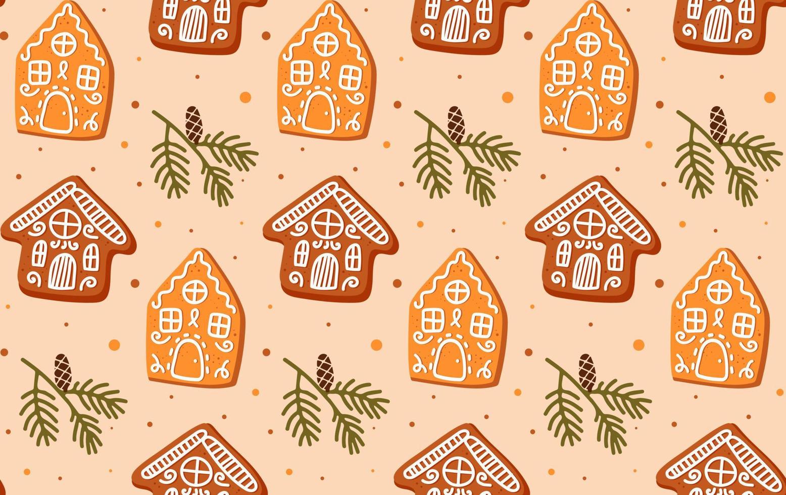 Christmas pattern with gingerbread cookie and pine branches isolated on white background. Food illustration for design, print, fabric or background vector