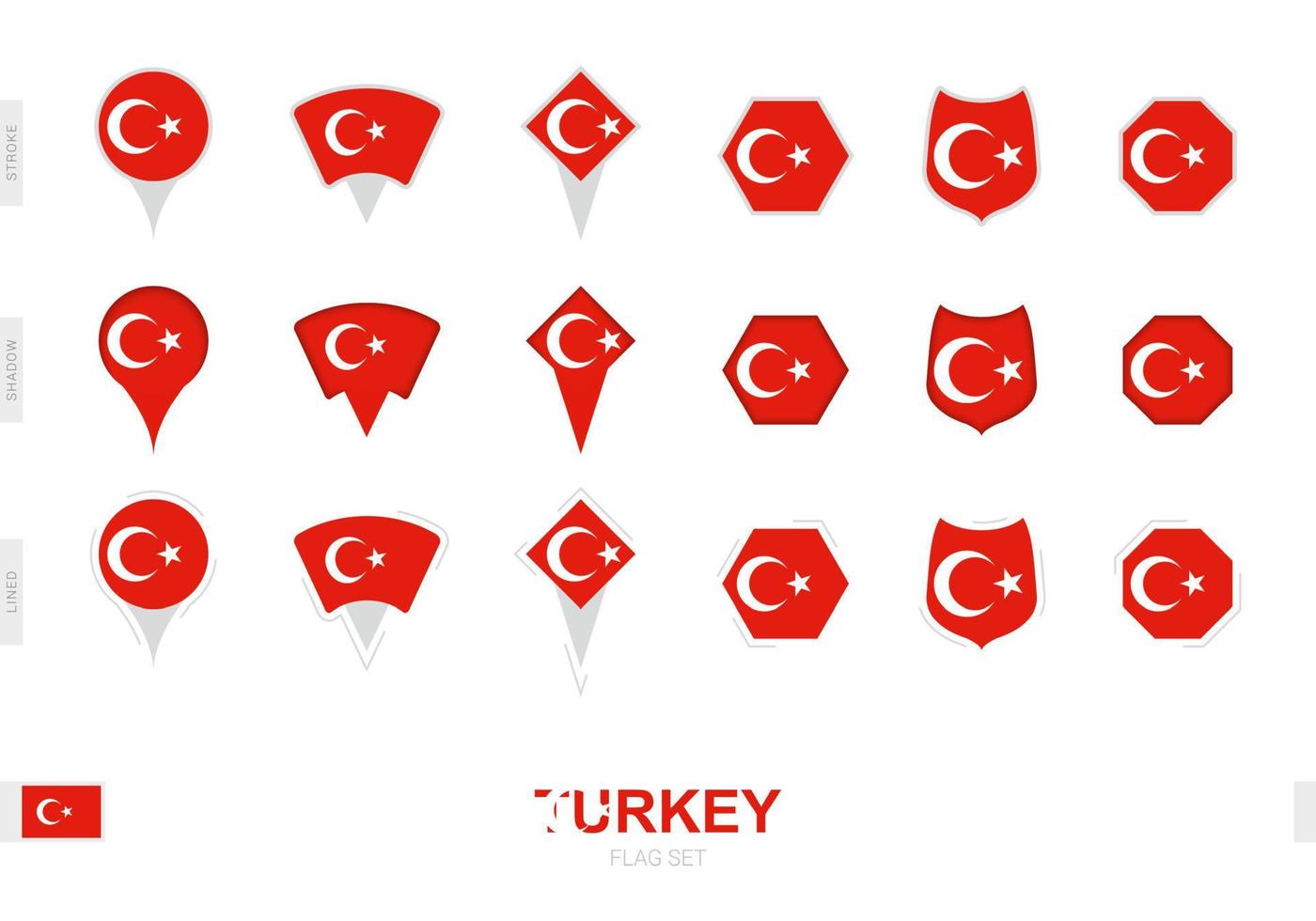Collection of the Turkey flag in different shapes and with three different effects. vector