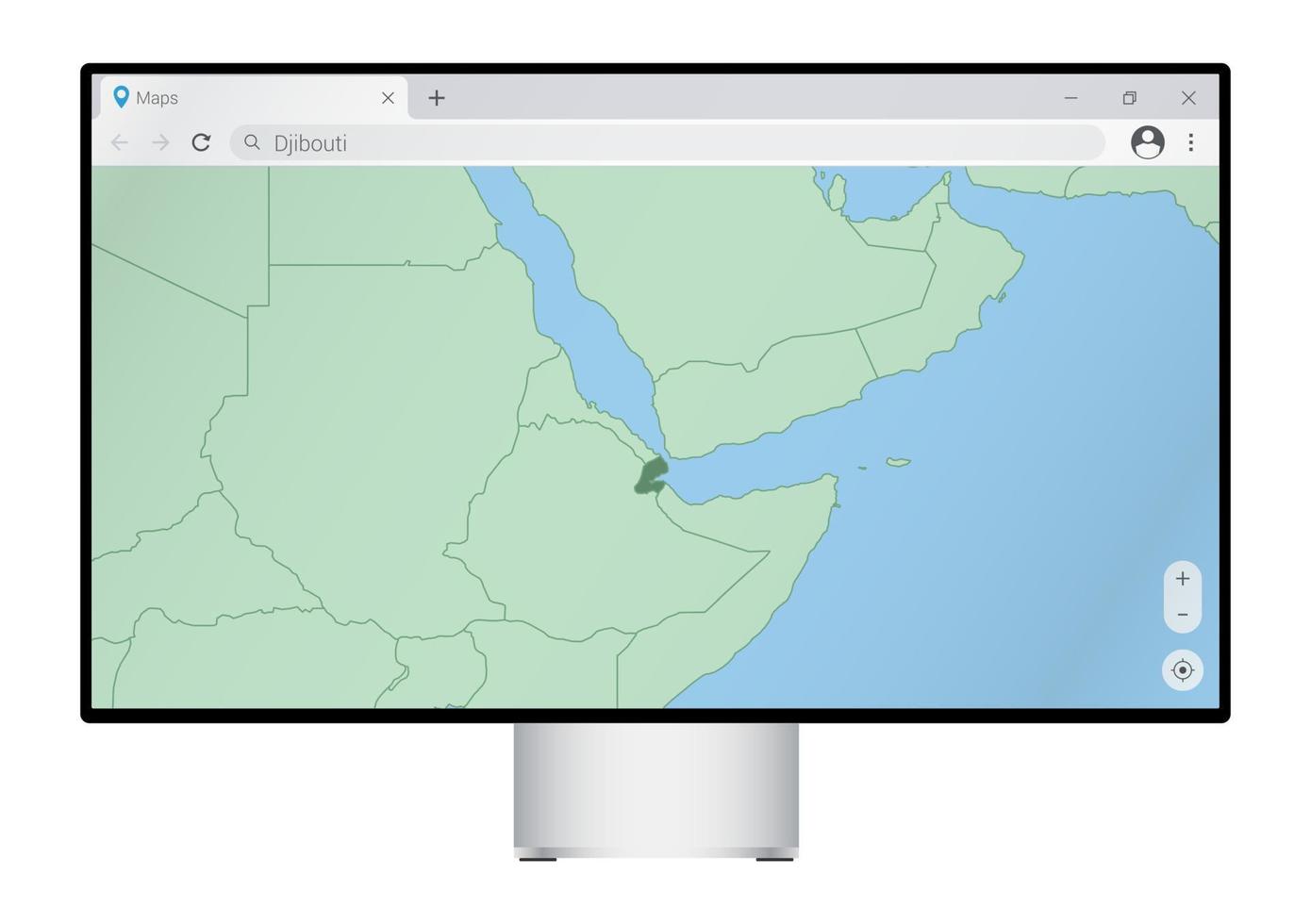 monitor de computadora con mapa de djibouti en el navegador, busque el país de djibouti en el programa de mapeo web. vector