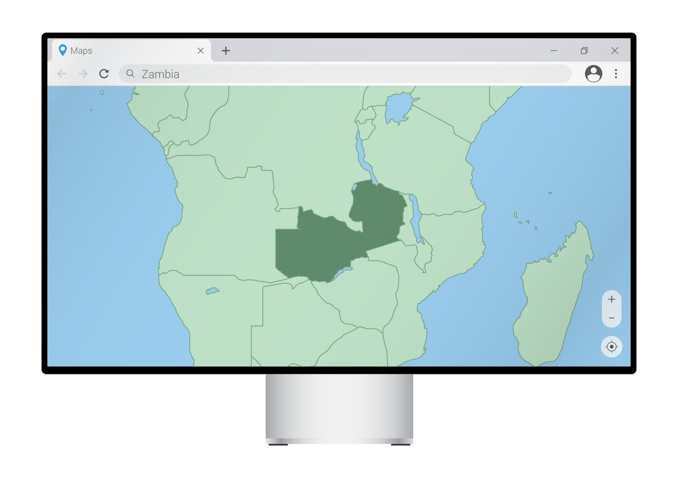 monitor de computadora con mapa de zambia en el navegador, busque el país de zambia en el programa de mapeo web. vector