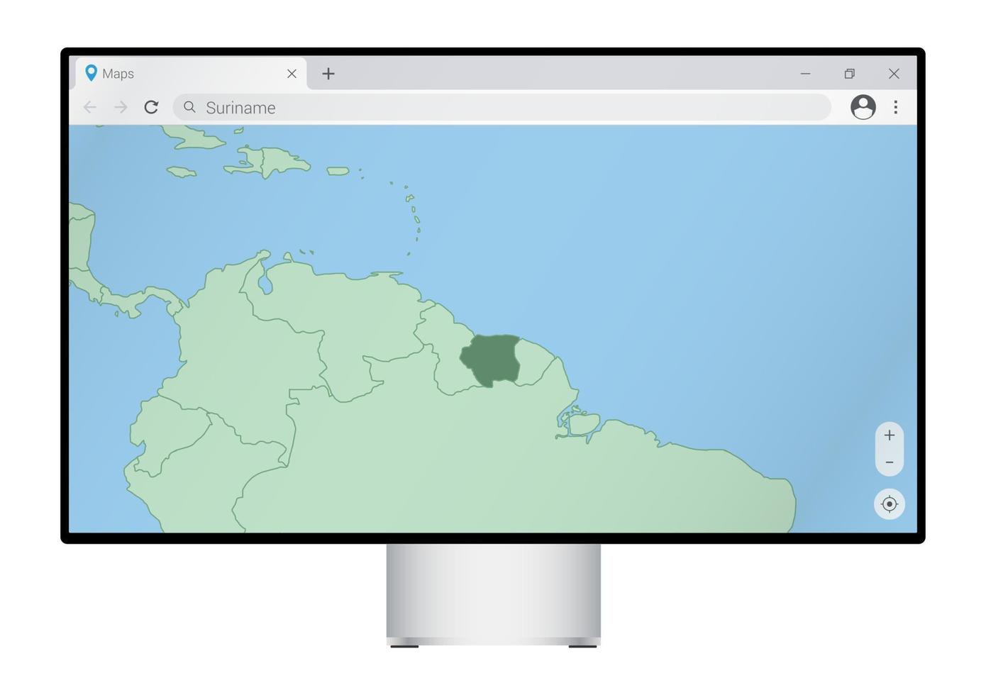 Computer monitor with map of Suriname in browser, search for the country of Suriname on the web mapping program. vector