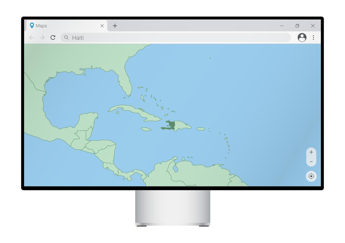 Computer monitor with map of Haiti in browser, search for the country of Haiti on the web mapping program. vector