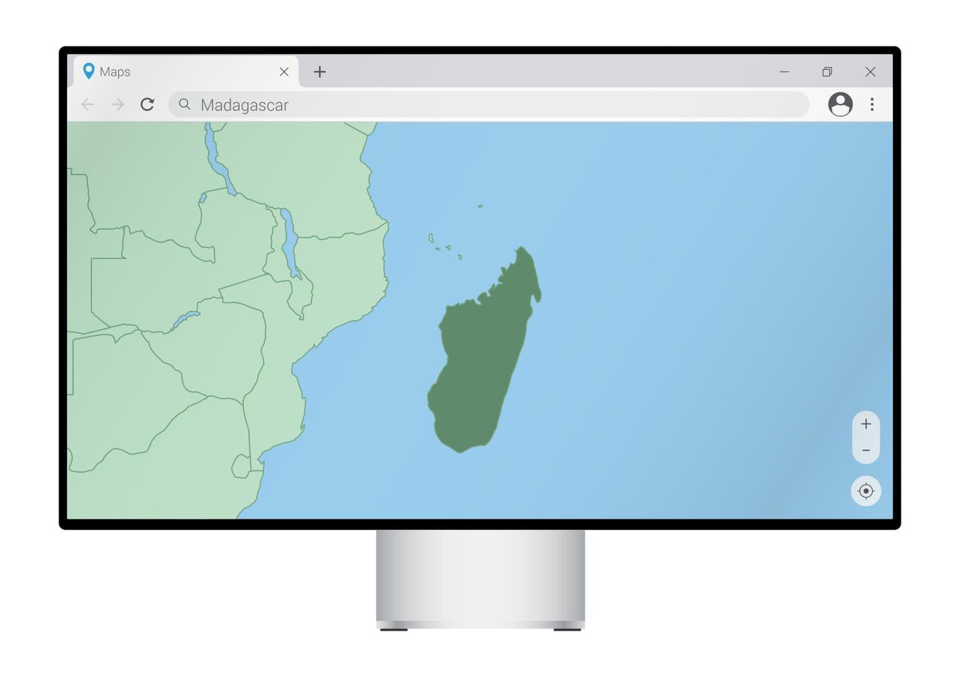 Computer monitor with map of Madagascar in browser, search for the country of Madagascar on the web mapping program. vector