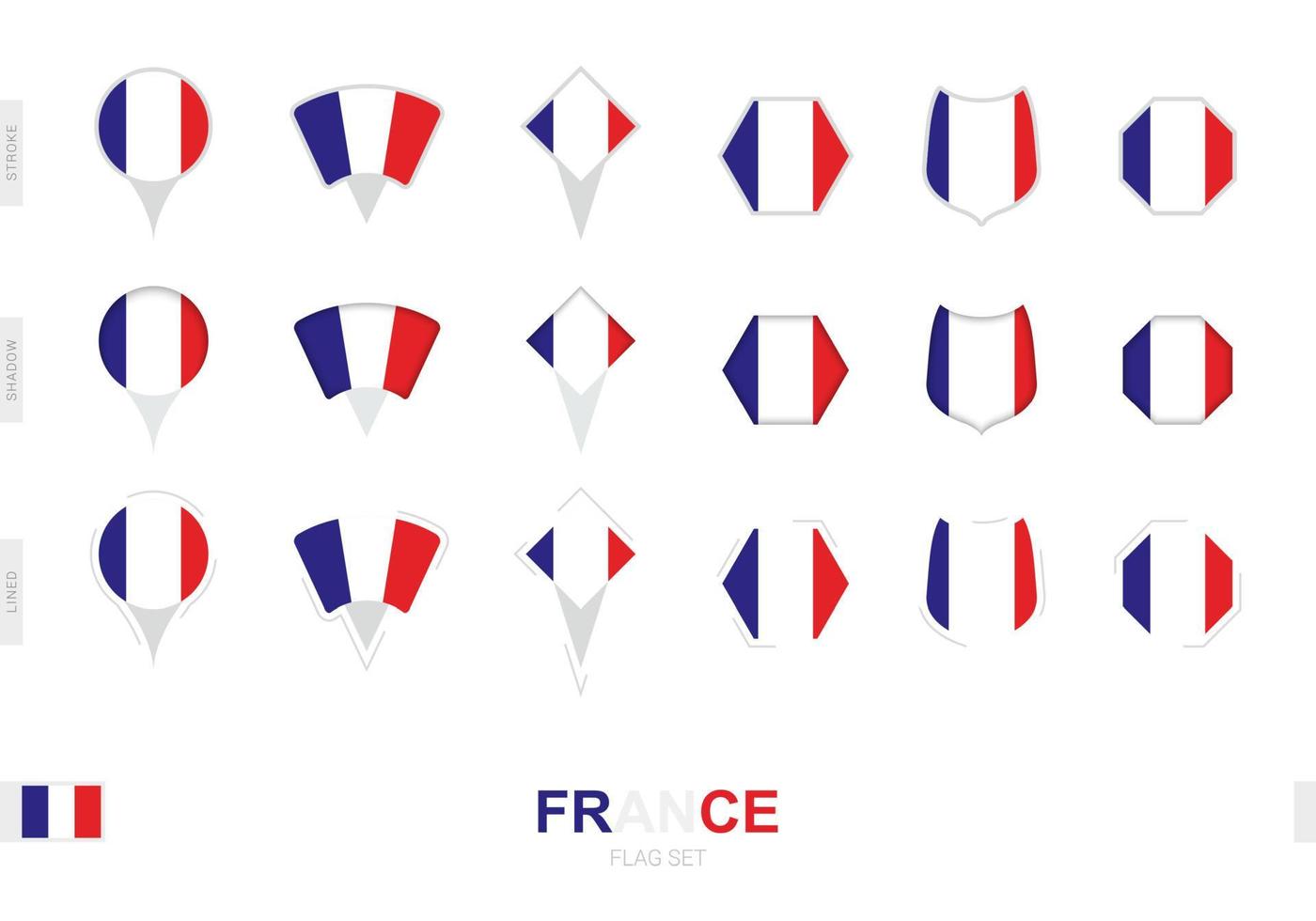 Collection of the France flag in different shapes and with three different effects. vector