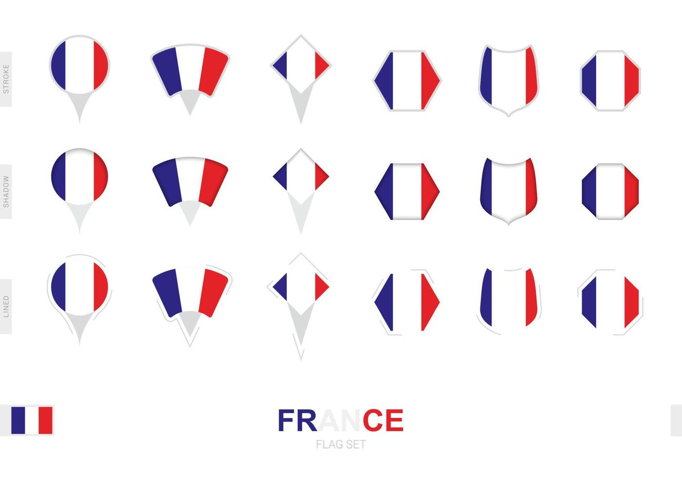 colección de la bandera de francia en diferentes formas y con tres efectos diferentes. vector