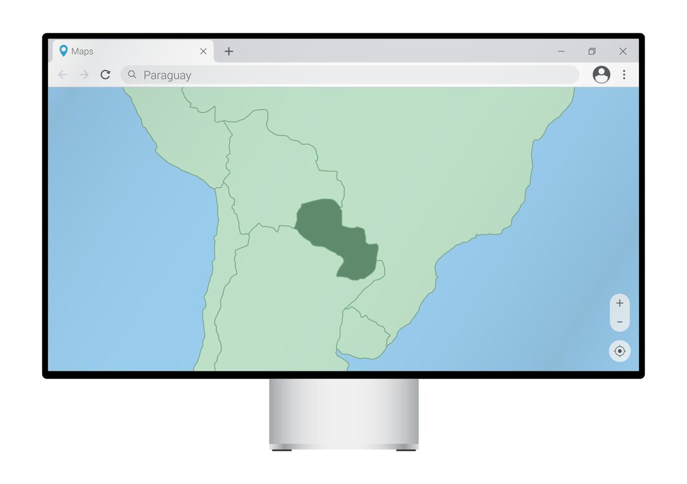 Computer monitor with map of Paraguay in browser, search for the country of Paraguay on the web mapping program. vector