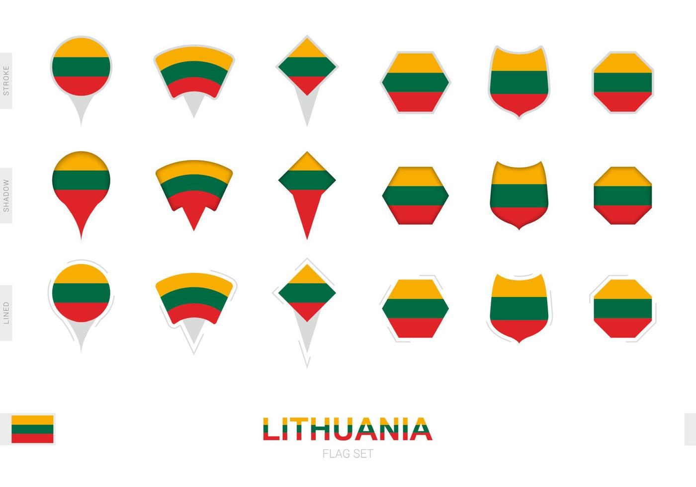 Collection of the Lithuania flag in different shapes and with three different effects. vector