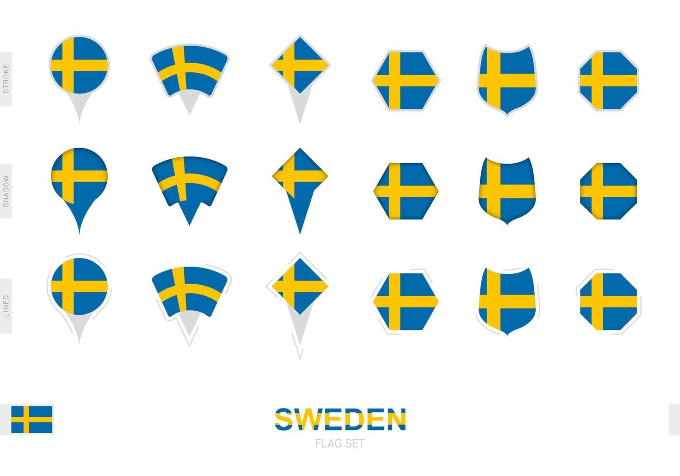 Collection of the Sweden flag in different shapes and with three different effects. vector