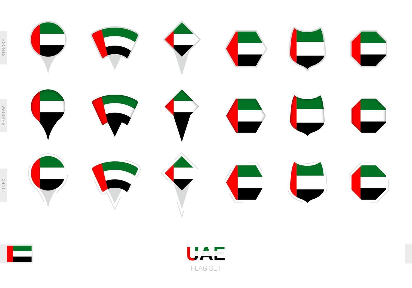 colección de la bandera de los emiratos árabes unidos en diferentes formas y con tres efectos diferentes. vector